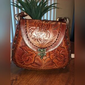 Tooled LeatherPurse Brown Floral BohemianFestival Hippie Vintage